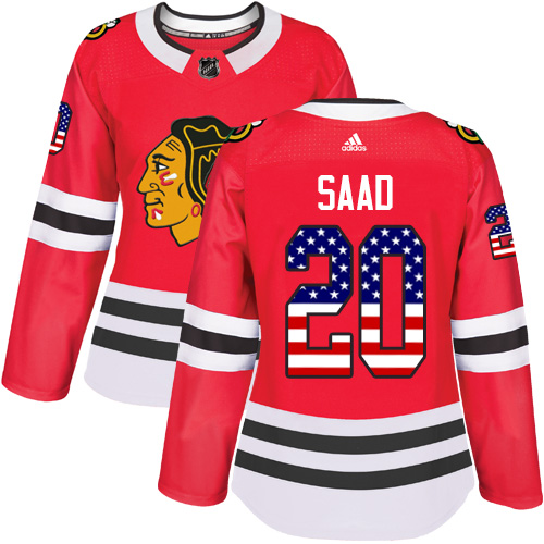 Adidas Blackhawks #20 Brandon Saad Red Home Authentic USA Flag Women's Stitched NHL Jersey